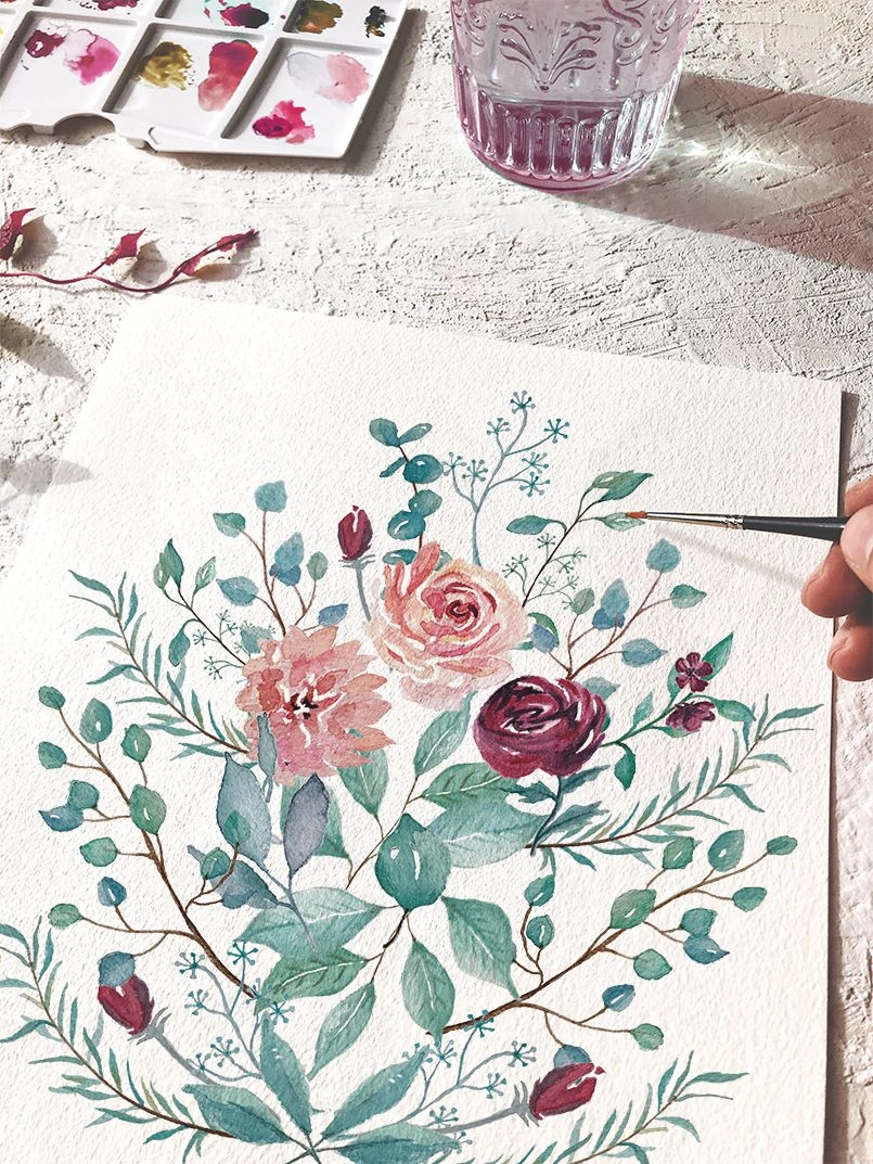 Acuarela botánica personalizada eucalipto y rosas Marmarina